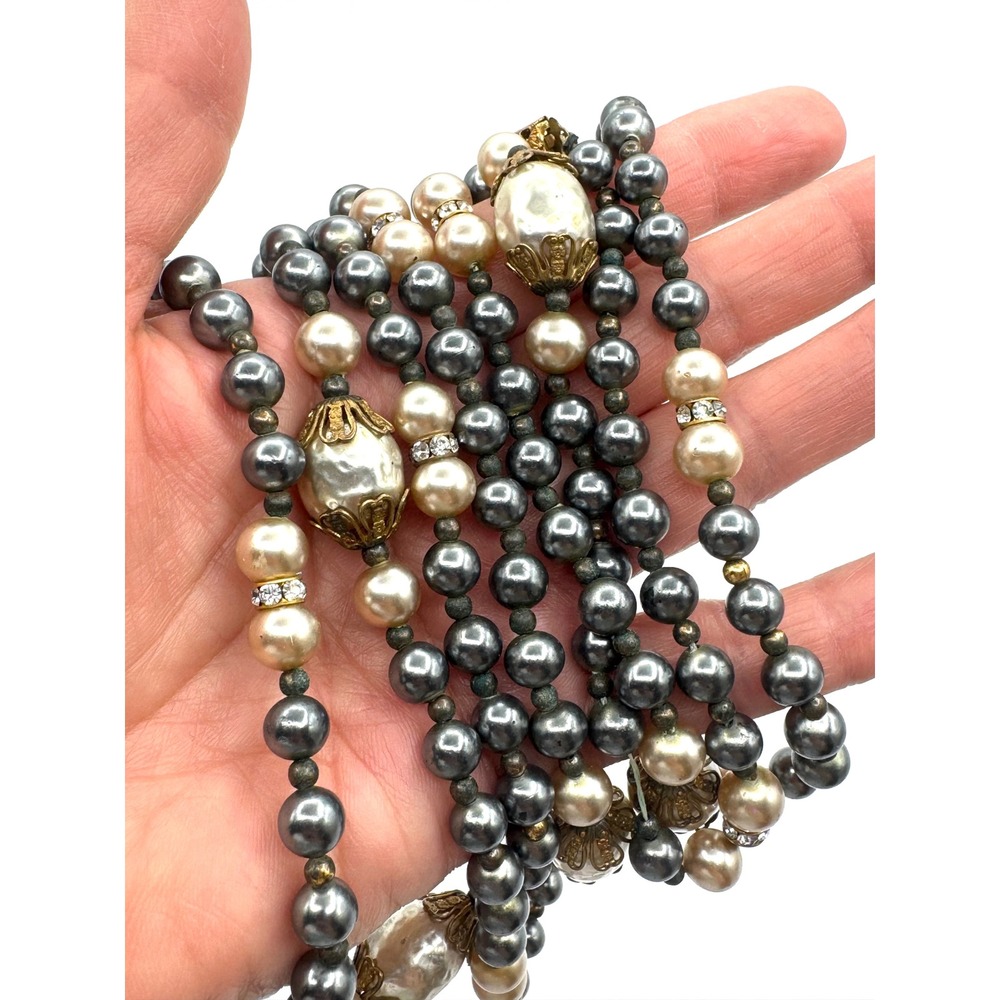 Vintage Two Strand Faux Pearl Necklace Grey Cream Filigree Rhinestone Clasp
